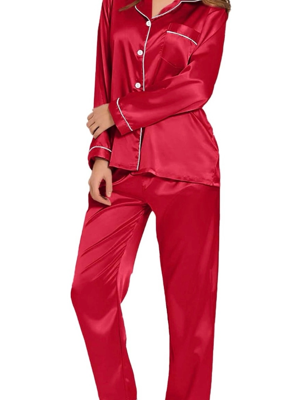 Classic Red Satin Pajama Set with Contrast Piping